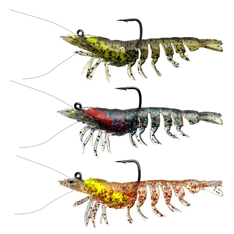 3pcs Pre-Rigged Fishing Lures with Pre-Rigged Hooks - Soft TPE Material Baits, Weedless Jig Shrimp Lures, Durable Swimbaits for Bass Trout, Premium Saltwater/Freshwater Fishing Gifts (Kept Separately)