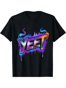 Yeet Rainbow Graffiti Style T Shirt Black Color with Vibrant Multicolor Design And Dripping Effect for Trendy Fashion StatementMen's Round Neck Creative Print Short Sleeve T Shirt Suitable for Spring and Summer Casual and Versatile Comfortable Top
