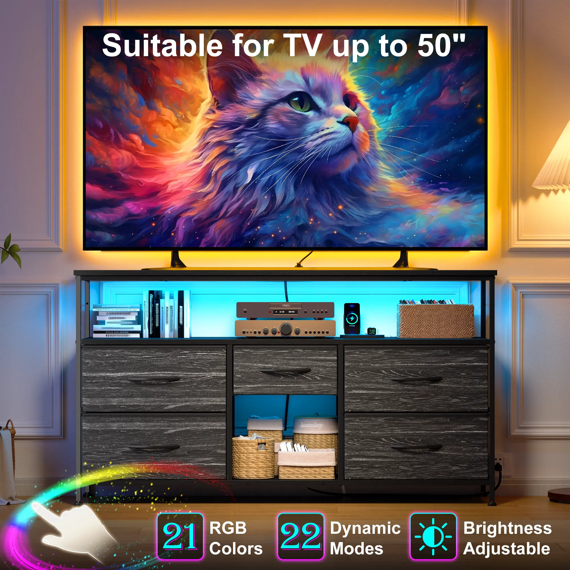 【Storage TV Stands】Raybee 30'' H Dresser with 5-8 Drawers,Old School & Chill Vibe TV Stands with Cabinets for Living Room with LED & Charge Station(2 USB Ports & 2 Power Outlets), Match 50 Inches TV,Combining Aesthetics with Practicality