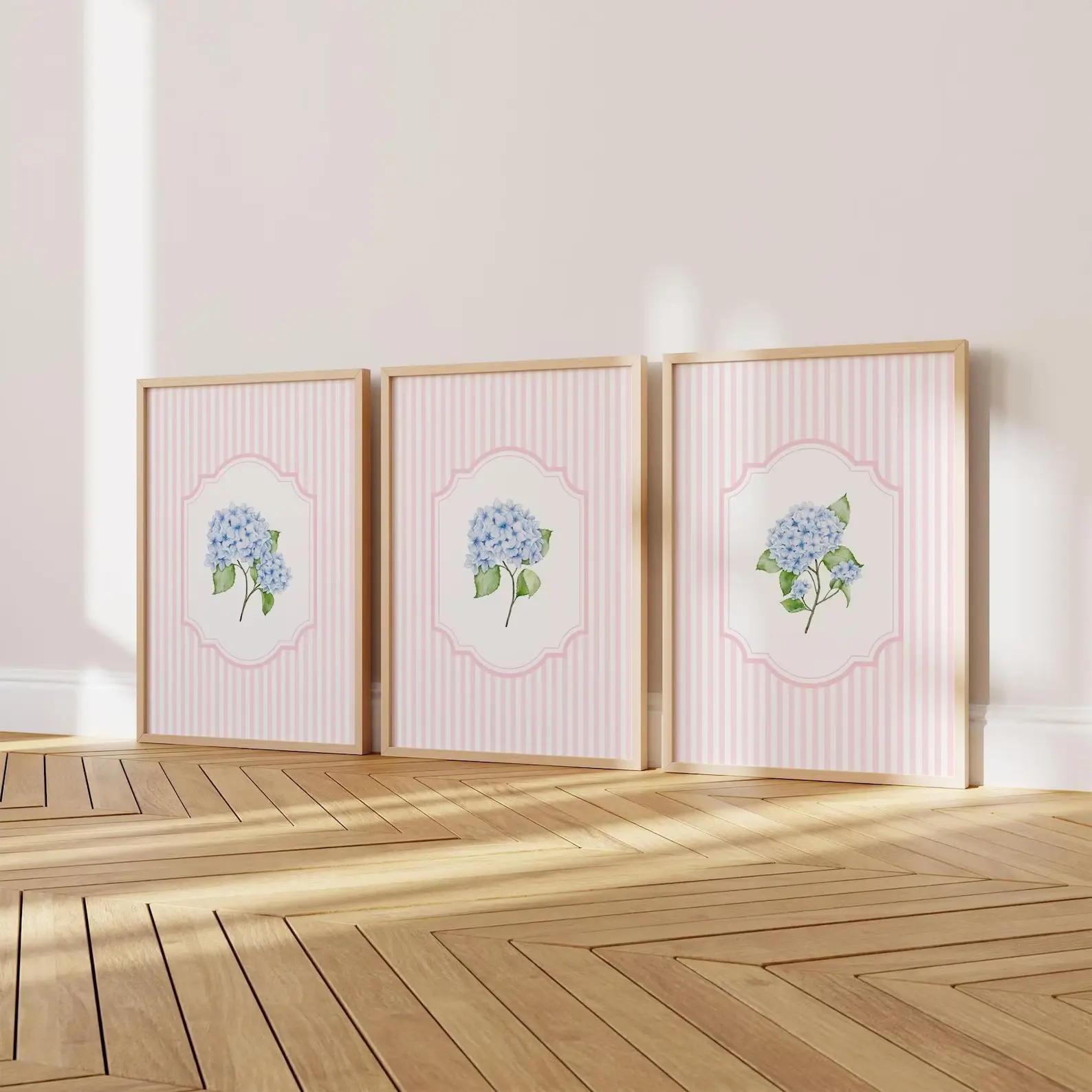 Set of 3 Pink and Blue Hydrangea Poster Unframed : Striped Floral Home Decor (Printed Poster) Rere