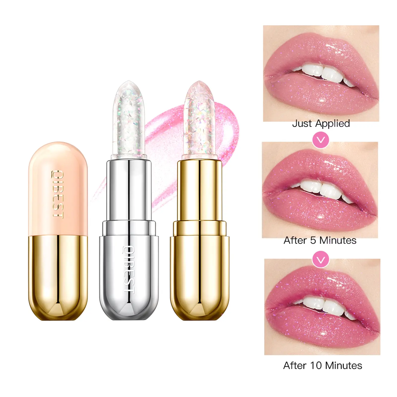 Qibest Temperature-Change Jelly Lipstick, Hydrating Moisturizing Diamond Lip Balm, Glitter Gloss, Long-Lasting Moisture, Nourishing, Anti-Chapping, Lipgloss