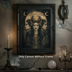 Mysterious Elegant Hecate Three Moons Goddess Art Print, Unframed Canvas Poster, Home Decor, Vintage Wall Art, Ideal for Bedroom, Living Room, Office