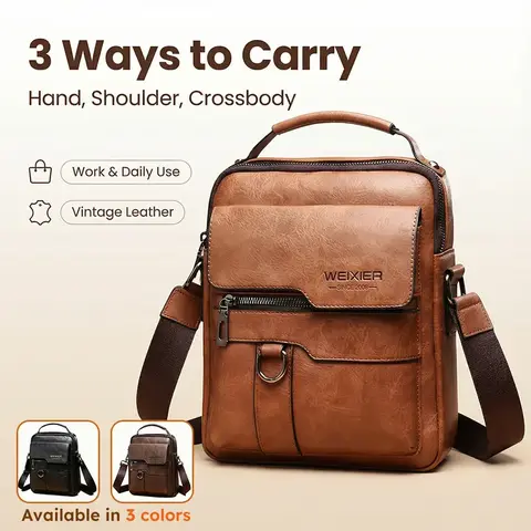 WEIXIER Men's PU Leather Crossbody Bag - Vintage Street Style, Large Capacity Commuter Option with Adjustable Shoulder Strap, Bag for Purchase, Ideal for Business Travel & Everyday Use, Perfect Valentine's Day Gift for Him trip