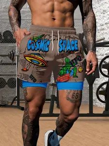 Alien Ship Print Men's Lined Shorts, Two-In-One Beach Swim Trunks, Mid-Waist Hawaiian Vacation Elastic Drawstring Waistband