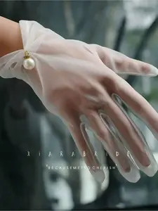 bridal short wedding dress gloves photography wedding white gauze beads women's white wedding lace gloves Textured
