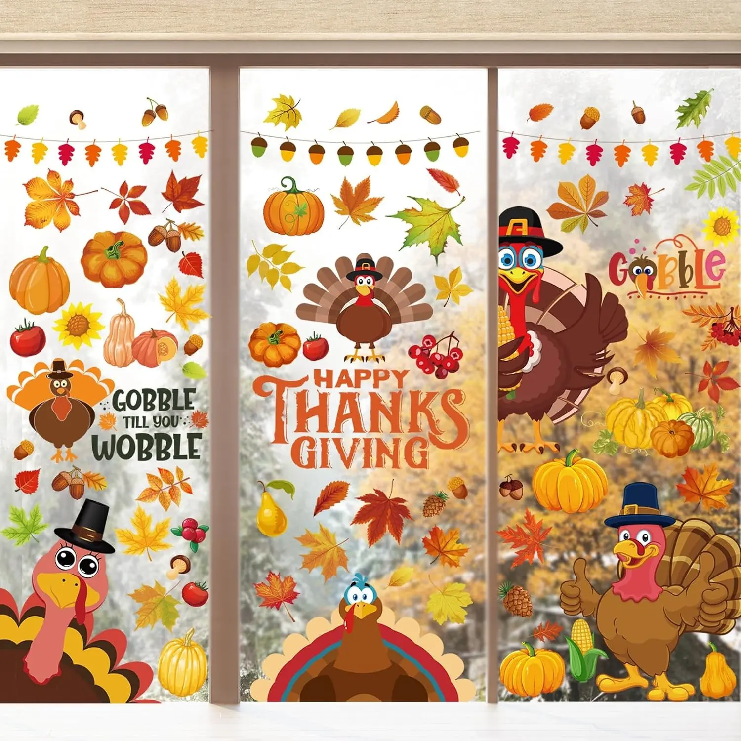 143 Pcs Thanksgiving Window Clings for Glass Windows Fall Window Stickers | Seasonal Turkey Pumpkin Maple Leaf Decals Decorations for Thanksgiving Autumn Holiday Home School Office Party Supplies
