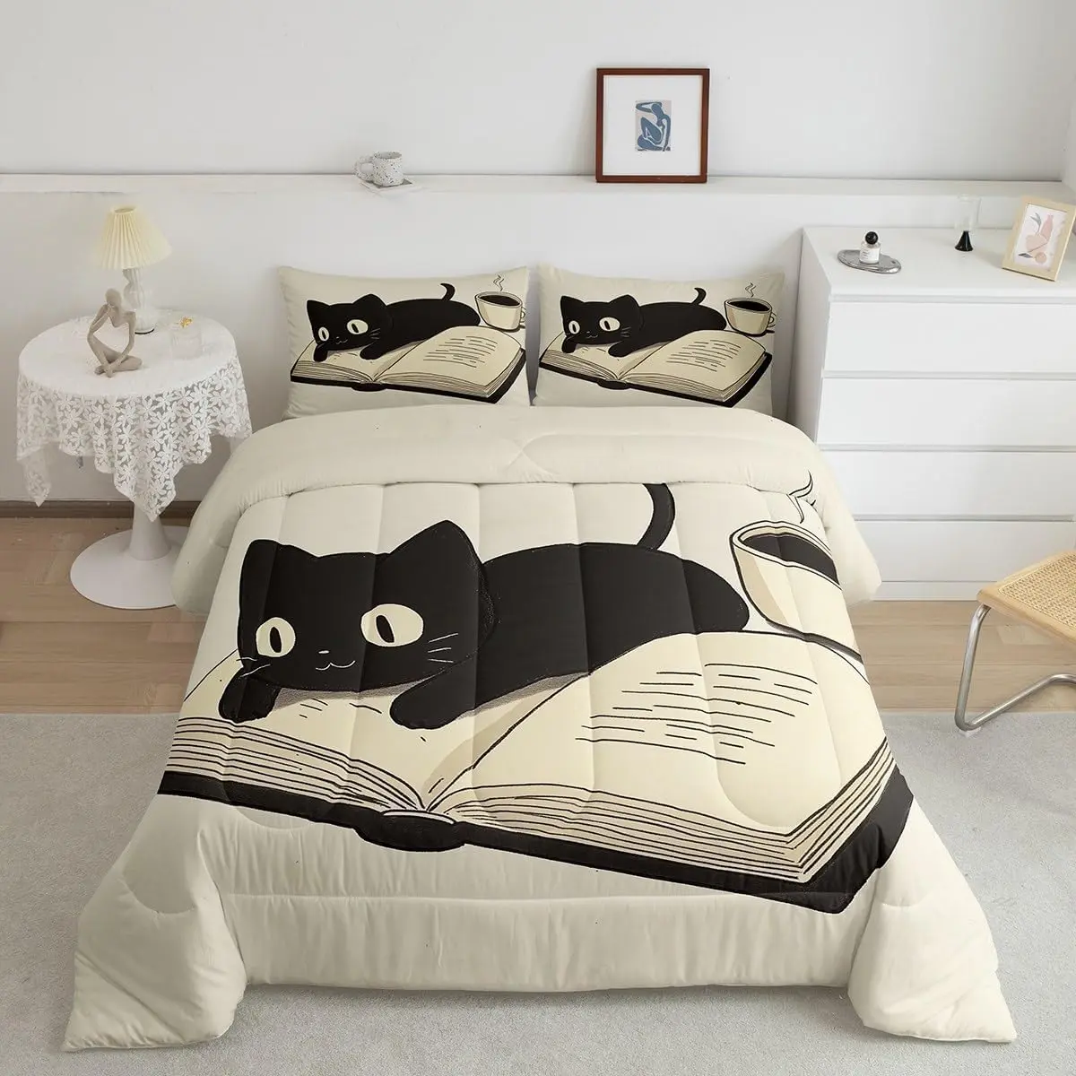 Black Cat Comforter Set Cartoon Cats Print Bedding Set Books Coffee Cute Kitten Comforter Breathable Animal Duvet Set Quilt Set