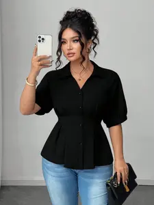 Women's Plus Size Peplum Shirt Short Sleeve Button Down Blouse Cinched Waist Solid Color Fit Basic Casual Office Workwear Elegant Chic Trendy Top Womenswear