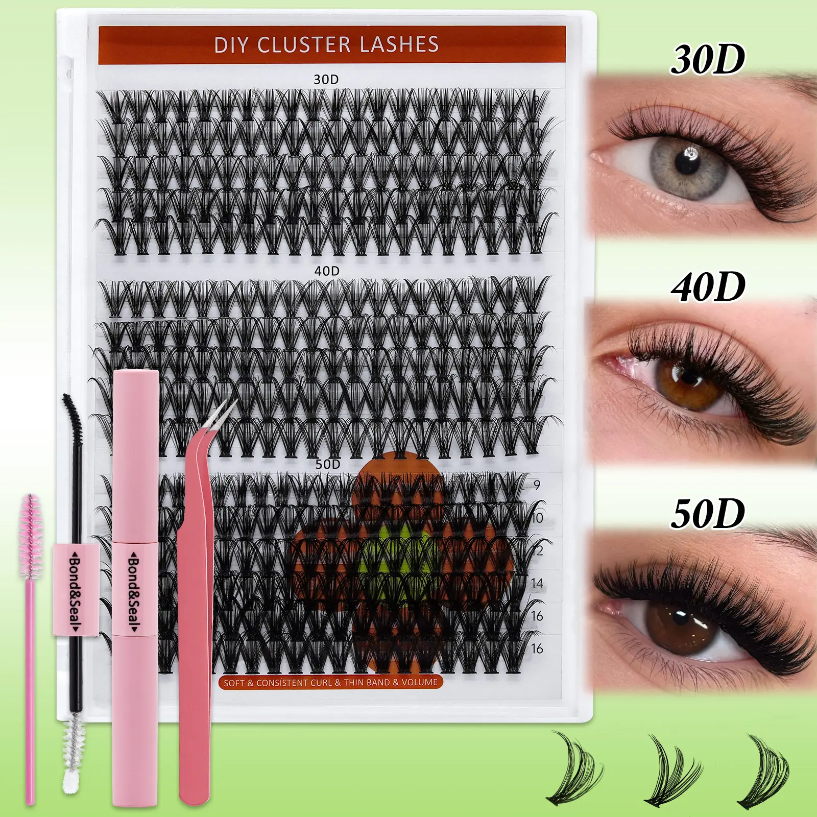 DIY Lash Cluster Kit, 320pcs D Curl Wispy Eyelash Extensions for a Flawless Volume Look, 9-16mm Mixed Lengths with Bond, Seal, and Tweezers for Beginners, Nature, Lash Clusters At Home, 0.07 Mm