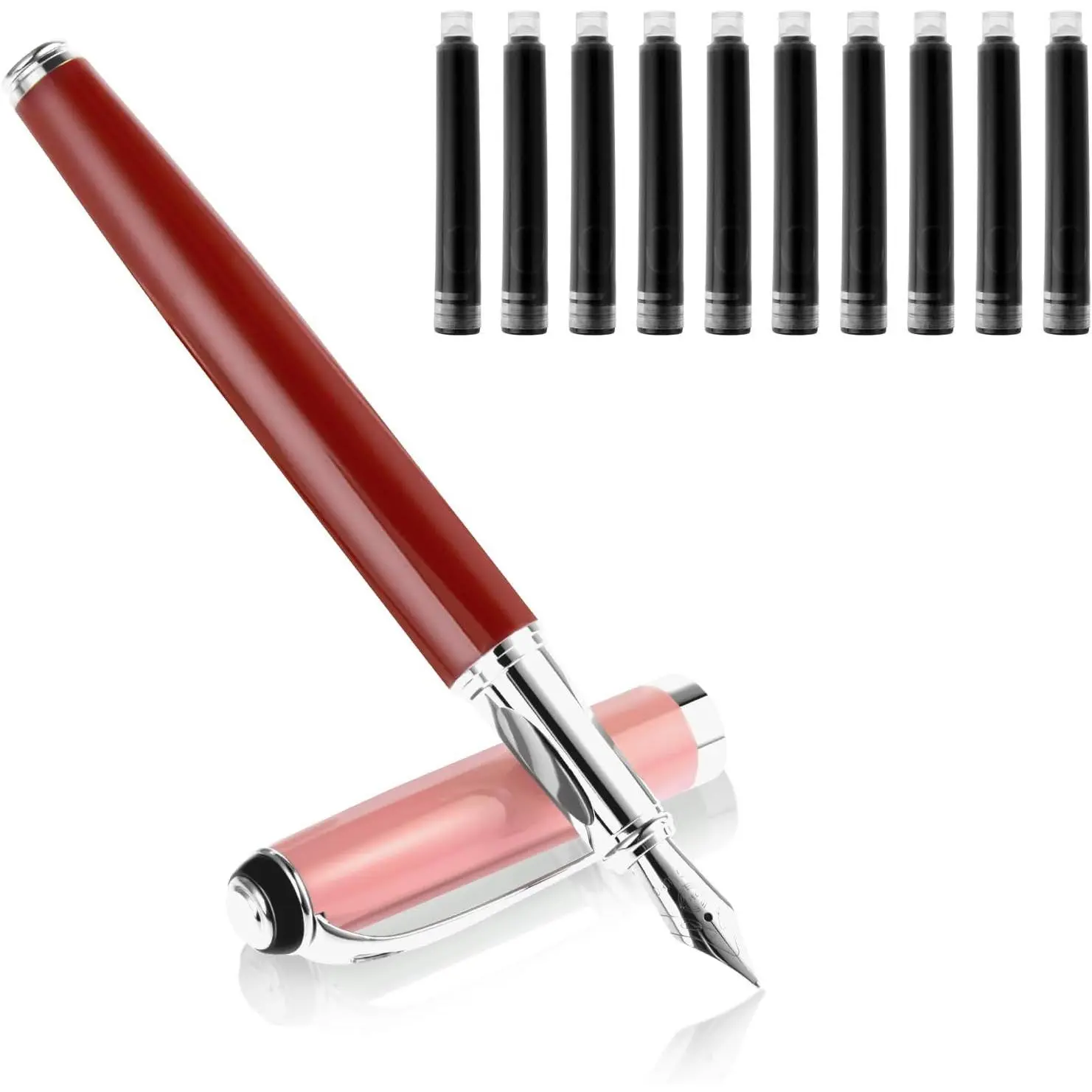 Metal Fountain Pens with 10 Black Ink Cartridges, 0.5mm Fine Nib Fountain Pen Smooth Writing Luxury Calligraphy Pen Office School Supplies (Red)
