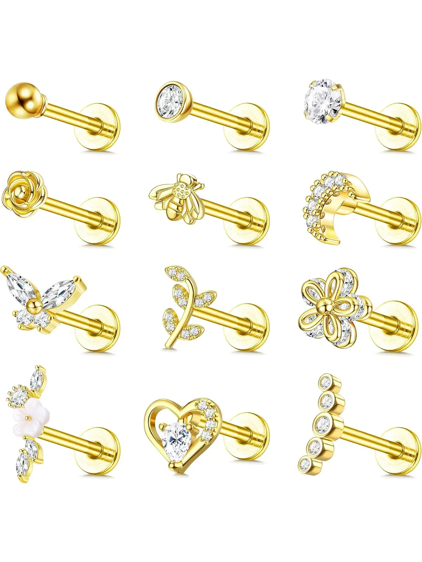 12Pcs 16G Tragus Earrings for Women Cartilage Earring Flat Back Stainless Steel Top Screw CZ Butterfly Bee Flower Moon Heart Flatback Stud Earrings Labret Conch Helix Cartilage Tragus Piercing Jewelry Set