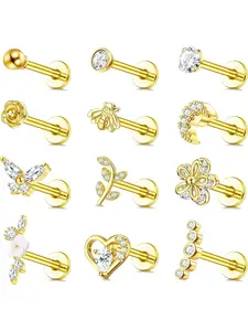 12Pcs 16G Tragus Earrings for Women Cartilage Earring Flat Back Stainless Steel Top Screw CZ Butterfly Bee Flower Moon Heart Flatback Stud Earrings Labret Conch Helix Cartilage Tragus Piercing Jewelry Set Body Piercing Jewelry Cartilage Piercings