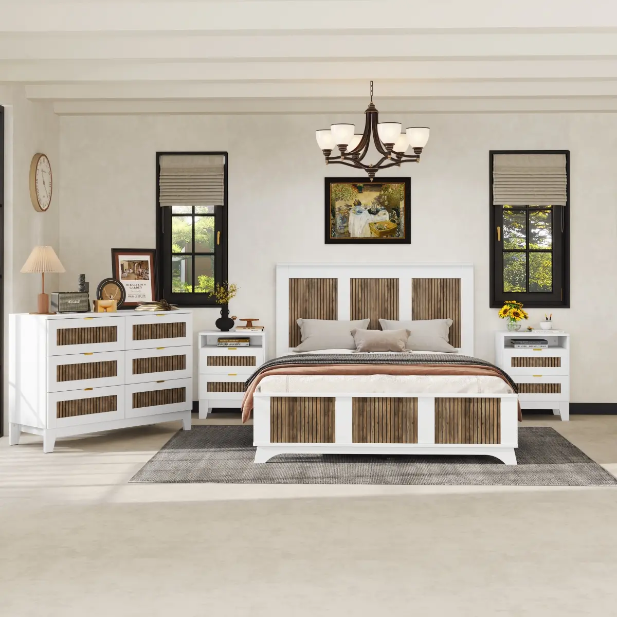 White 4-Piece Bedroom Set Furniture - Queen Size Farmhouse Platform Bed (800lbs), Wooden Strip Sticker Decoration, Metal-Handle Dresser (125lbs), Storage Nightstand (130lbs), Assembly Required