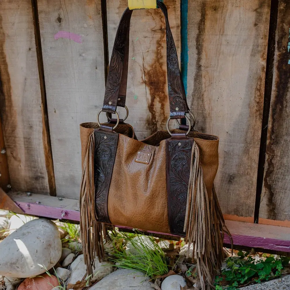 Women's Western Cowgirl Tote, Genuine Buffalo Leather Bag with Tooled Accents & Fringe, High-Capacity Multi-Compartment Concealed Carry Purse with Double Handle for Commuters, Casual Commuter Bag, Shoulder Straps, Western Fringe Purse, Large Tote Purse