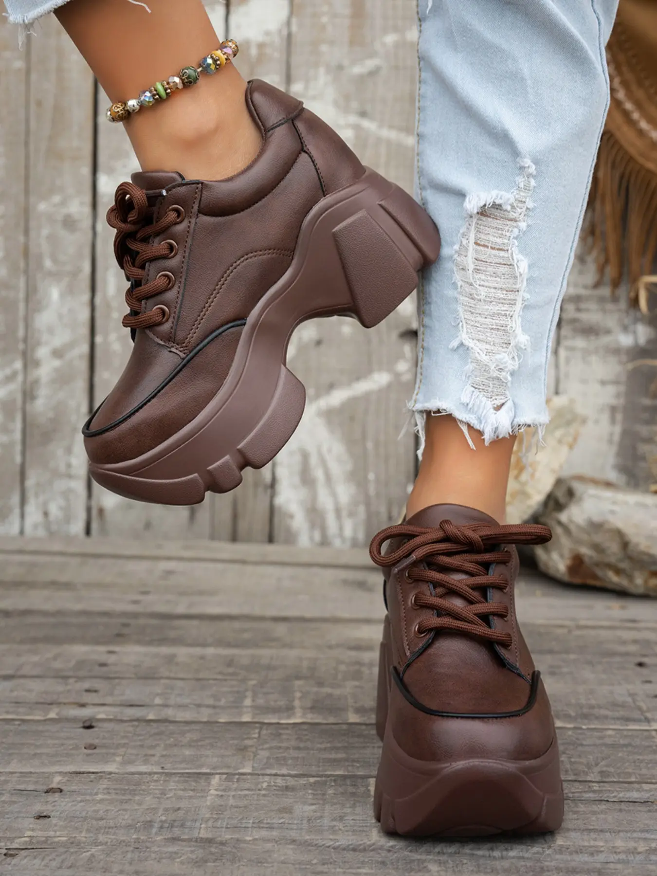 Women's Thick Sole Platform Dad Shoes, Vintage Lace-Up Heightening Casual Sports Shoes, European Style Chunky Heel Single Shoe, Sneaker, Platform Sneakers, Thick Soled Sneakers