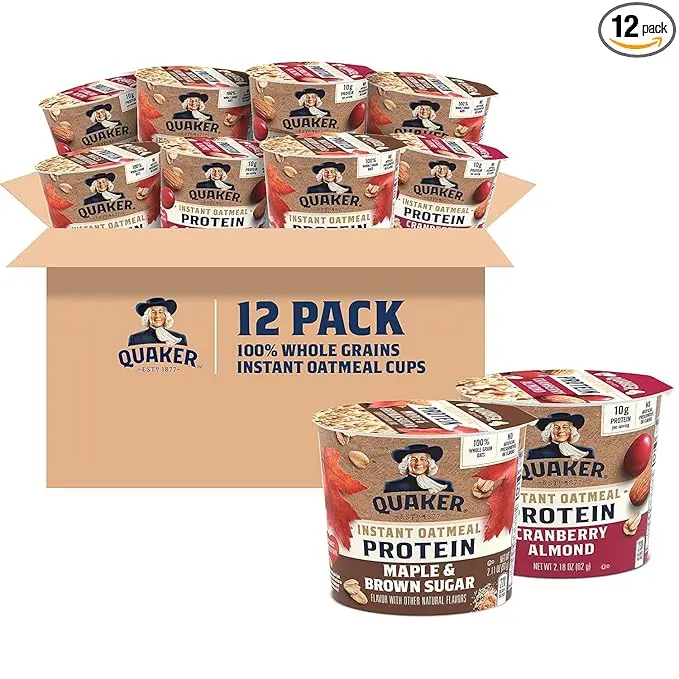 Quaker Instant Oatmeal Express Cups, Protein Variety Pack, 12 Count, 10g Protein, 41g Whole Grains, 2 Flavors, Cranberry Almond & Maple Brown Sugar