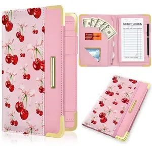 Server Book, Waiter Wallet in High Quality Leather, with  Pocket and Zipper Pouch, Restaurant Waitstaff Organizer Fits Server Apron and Receipt Holder (Cherry)