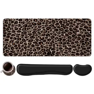 4pcs Leopard Print Design Mouse Pad + Keyboard Wrist Rest + Ergonomic Mouse Pad + Coaster Set For Desktop Decoration, Office Accessories Set Ergonomic Wrist Support, Computer Mat Mouse Pad Coaster Suitable For Home Office Gaming Leopard Pattern