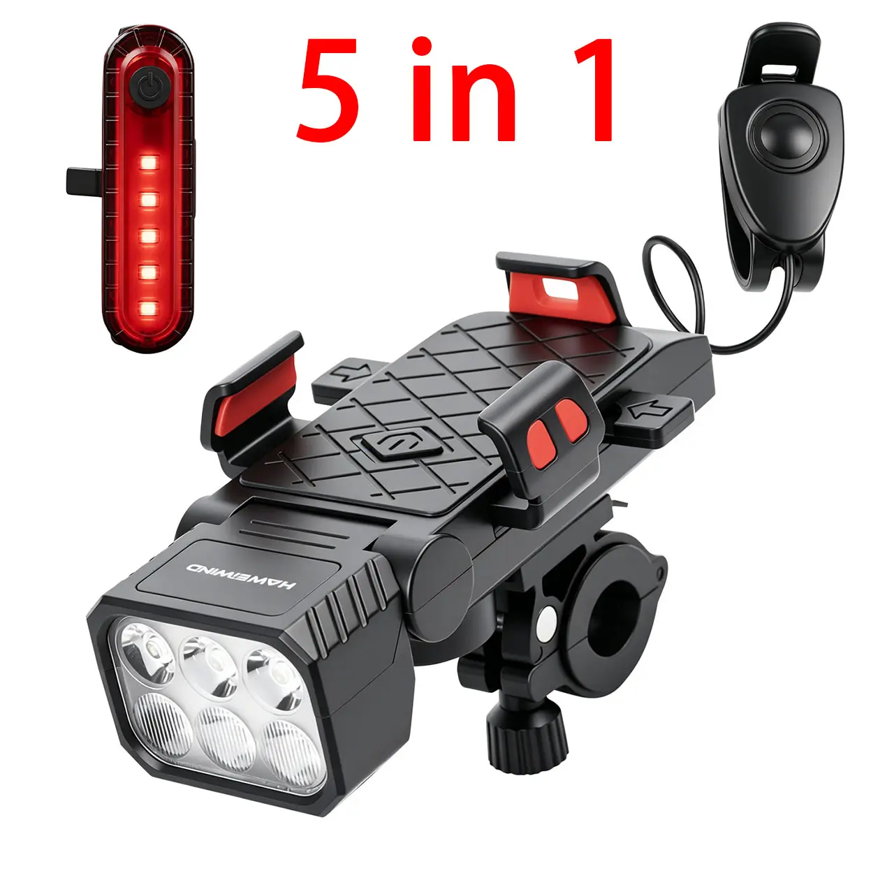 5-in-1 Multi-Function LED Bike Light Bicycle Accessory - Electronic Horn, Headlight, Tail Light, Phone Mount, Power Bank, 5 Lighting Modes, Ultra-Bright Illumination, Night Riding Safety, Ideal for Cyclists, Father's Day Gift