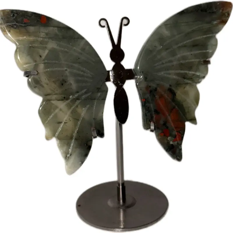 Bloodstone Wings Set - Handcrafted Gemstone Butterfly Figurine with Unique Vein Patterns and Metal Stand