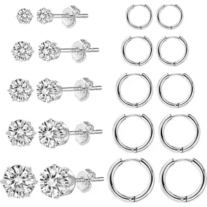 10 Pairs Earring Sets for Multiple Piercing 14K Gold Plated Studs Earrings and Hoops Set Hypoallergenic Small Hoop CZ Stud Earing for Women Men