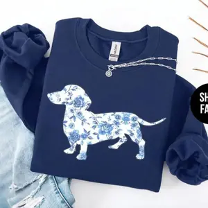 (Sale Off Up To 50%) French Blue Toile Dachshund Sweatshirt, Dog Lover Sweatshirt, Cute Doxie Pullover, Pet Parent Shirt, Dog Mom Sweatshirt, Doxie Tee Crewneck Unisex, Full Color, For Men, For Women, Casual, Classic Fashion, Tee Print