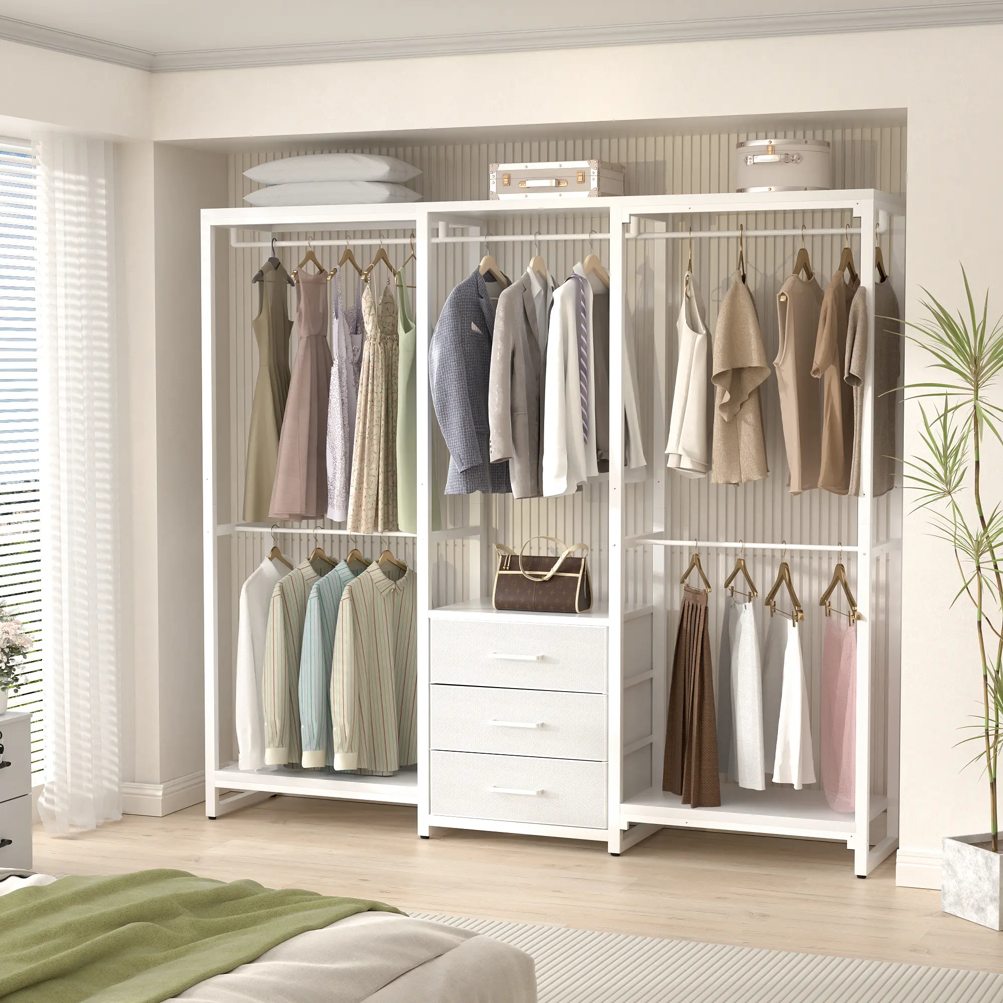 Unikito Freestanding Clothes Rack with Storage Drawers, Heavy Duty Garment Rack, Wooden Shelf Wardrobe Organizer, Space-Saving Closet Solution, Sturdy Clothing Rack for Bedroom or Entryway