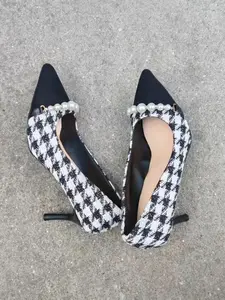 Checkered Pearl Buckle Pointed Toe Narrow Heel Evening High Heels, Elegant Party Shoes, Stylish Footwear for Special Occasions