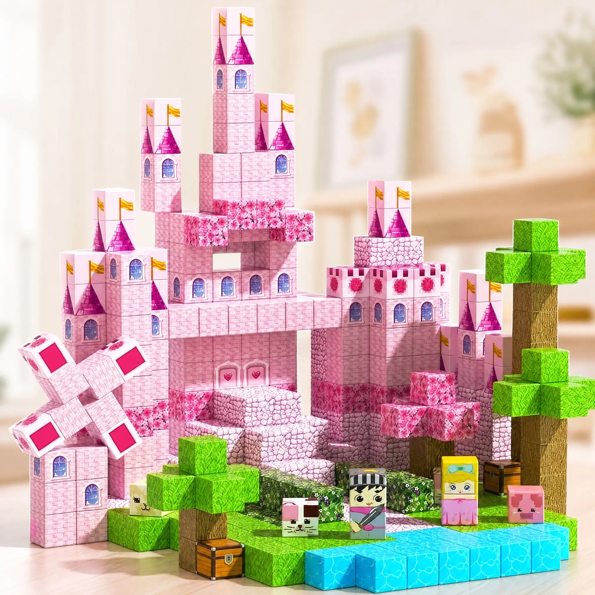 Magnetic Cube Building Blocks Pink Princess Castle 3D Stereo Educational Creative Plastic Assembly Toy Set STEM Pretend Play Birthday Holiday Gift for Girls Kids Age 3 Plus