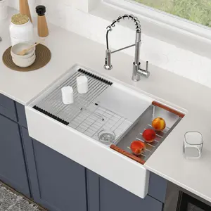 Logmey 33 Inch Farmhouse Kitchen Sink White Workstation Fireclay Apron Front Farm Sink Undermount 33 x 20 x 10 Inch Single Bowl White Ceramic Sinks for Countryside Classic Style