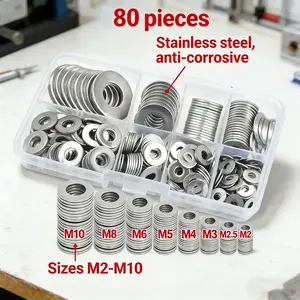 80pcs Flat Washers Set Sizes M2-M10, Easy to Install, Durable Metal Construction, Ideal for Fastening Applications, Hardware