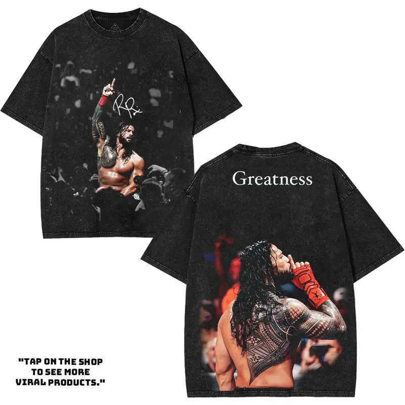 Roman Reigns - WWE4U Edition Double Printed Oversize Lightweight Acid Washed Tee Vintage WWE Fans TV Series Graphic Design Top Cotton Wrestling Streetwear T-Shirt Clothes Menswear Womenswear.