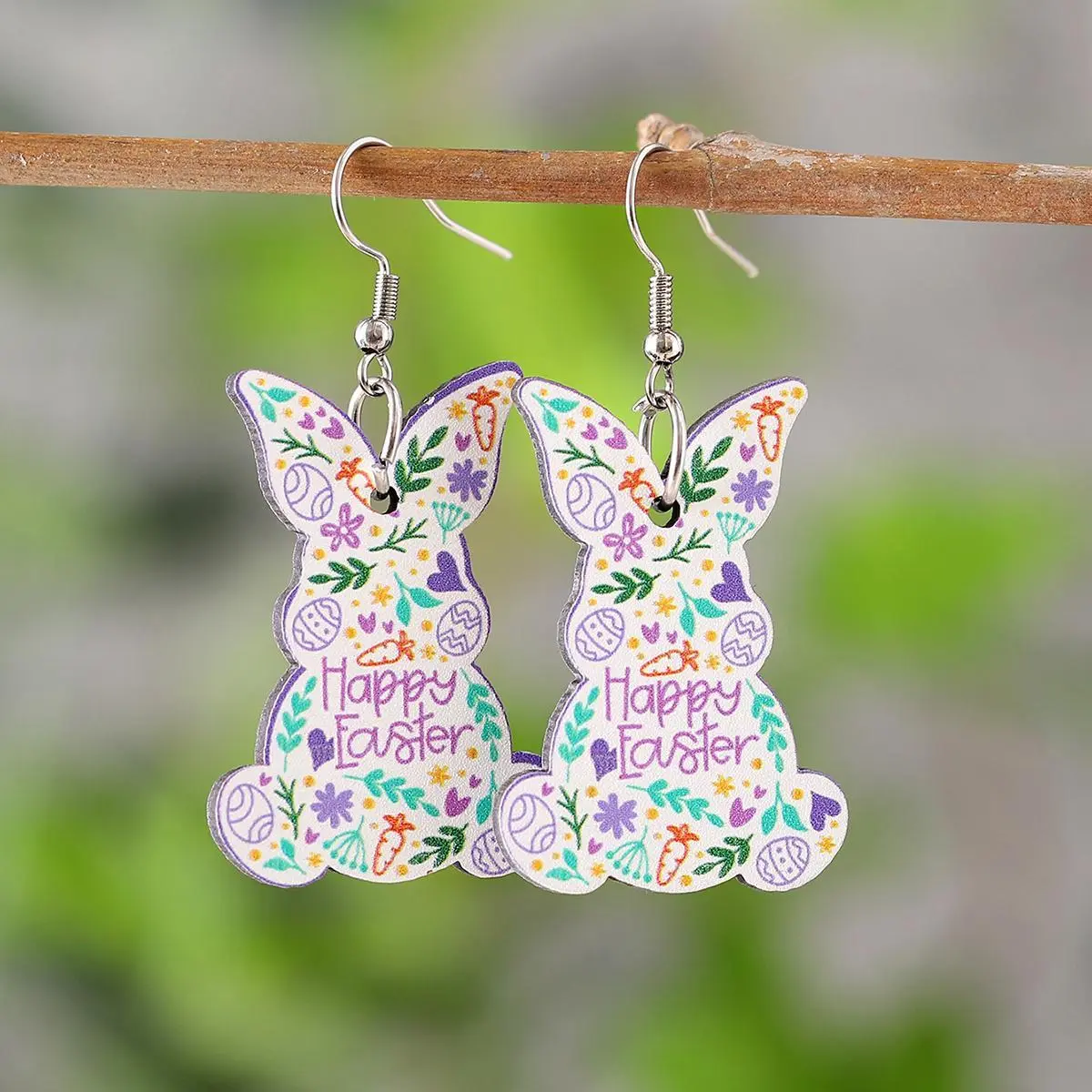 Pair of Happy Easter Bunny Earrings for Women - Vintage Wooden Rabbit Dangle Earrings with Colorful Floral & Carrot Design, Stainless Steel Hooks, Perfect for Celebrating the Holiday or Casual Attire, Quirky Earrings bull ring bracelets