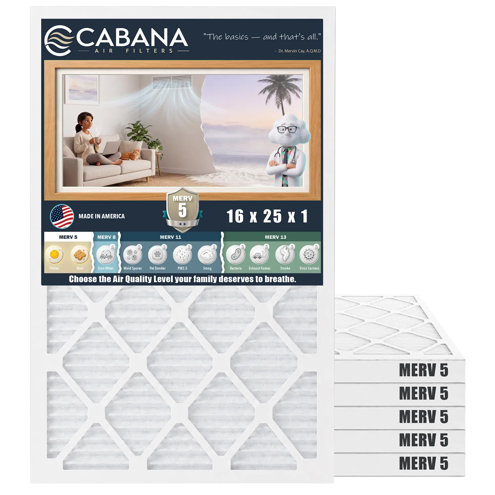 Cabana Air Filters 6 Pack HVAC Furnace Air Filters, MERV 5, 16 x 25 x 1, White
