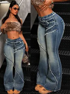 Women's Bootcut Jeans Pants With Waist Buckle Design. Women's Distressed Fitted Flare Jeans, Y2K Fashion Trend Washed Denim Jeans, Perfect for Everyday Wear