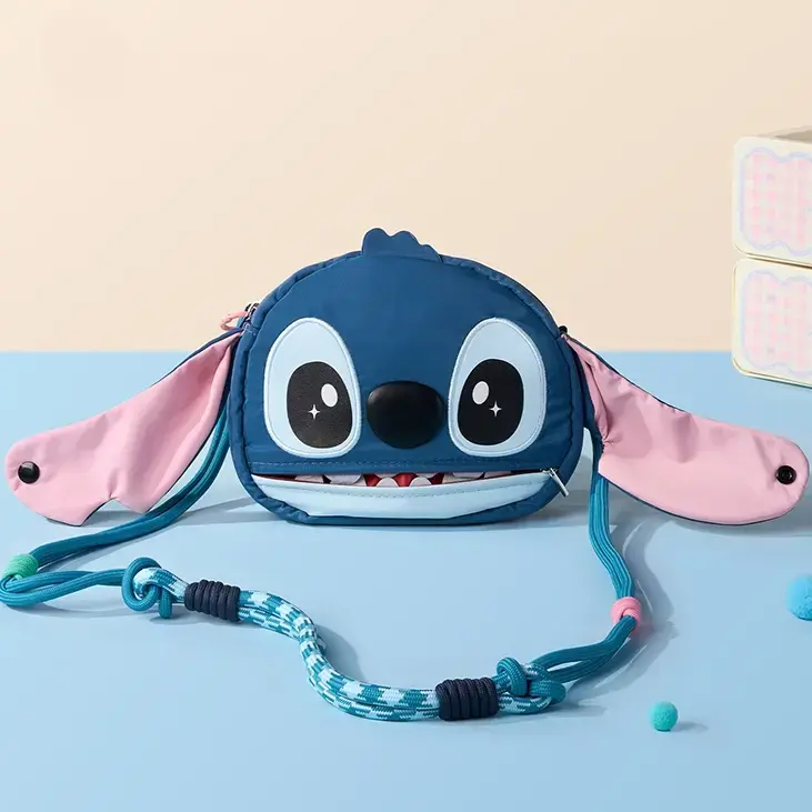 Disney Stitch Cute Polyester Crossbody Bag with 3D Movable Ears, Lightweight Animal Purse with Adjustable Houndstooth Braided Strap, Creative Design Bag, Zipper, Nylon, Messenger Bag