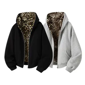Men’s hooded zip-up sweatshirt with leopard print lining, American-style trendy loose casual jacket.