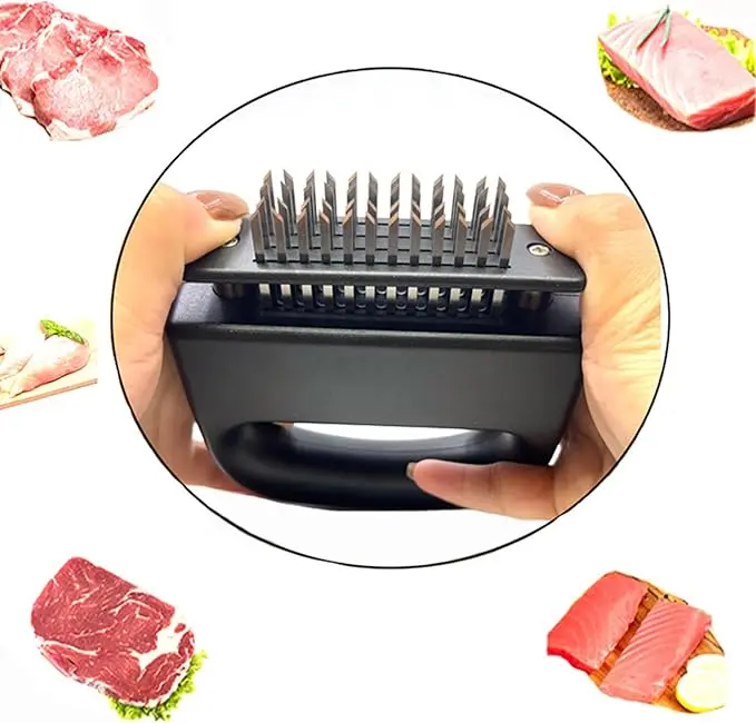 48 Ultra-Sharp Stainless Steel Needle Meat Tenderizer Utensil with Retractable Safety Guard, Ergonomic Non-Slip Handle, Detachable Easy-Rinse Kitchen Gadget for Steak, Pork, BBQ Marinade Absorption, Utensils