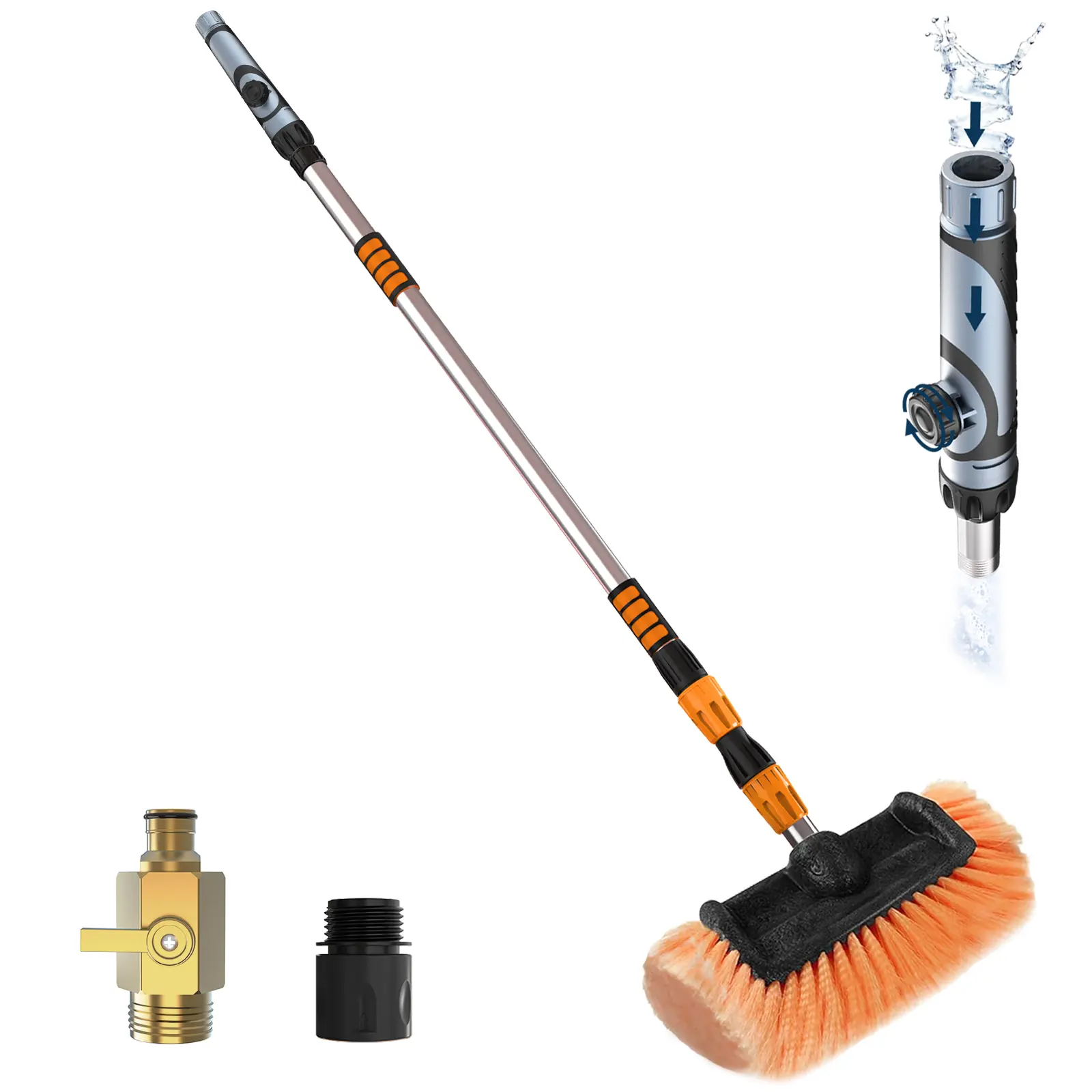 LAANPOLE 12FT Telescopic Car Wash Brush, Water Fed Car Cleaning Brush Long Handle with Soap Dispenser, 12" Soft Bristle Brush for Cars, Caravan, Solar Panel and Windows