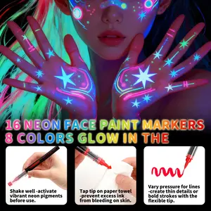 Flysea Neon Glow Pens, 8/16 Vibrant Colors, UV Light Emitting, Fun and Creative, Perfect for Halloween, Christmas, New Year, Disco Parties, Body Paint, Face and Body Tattoos