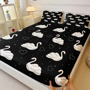 Black Background White Swan Print Fitted Sheet Set, Include One Bedspread and 1/2 Pillowcases, omantic Swan Pattern Mattress Cover, Trendy Bedroom Decor for All Seasons, Multiple Patterns Available