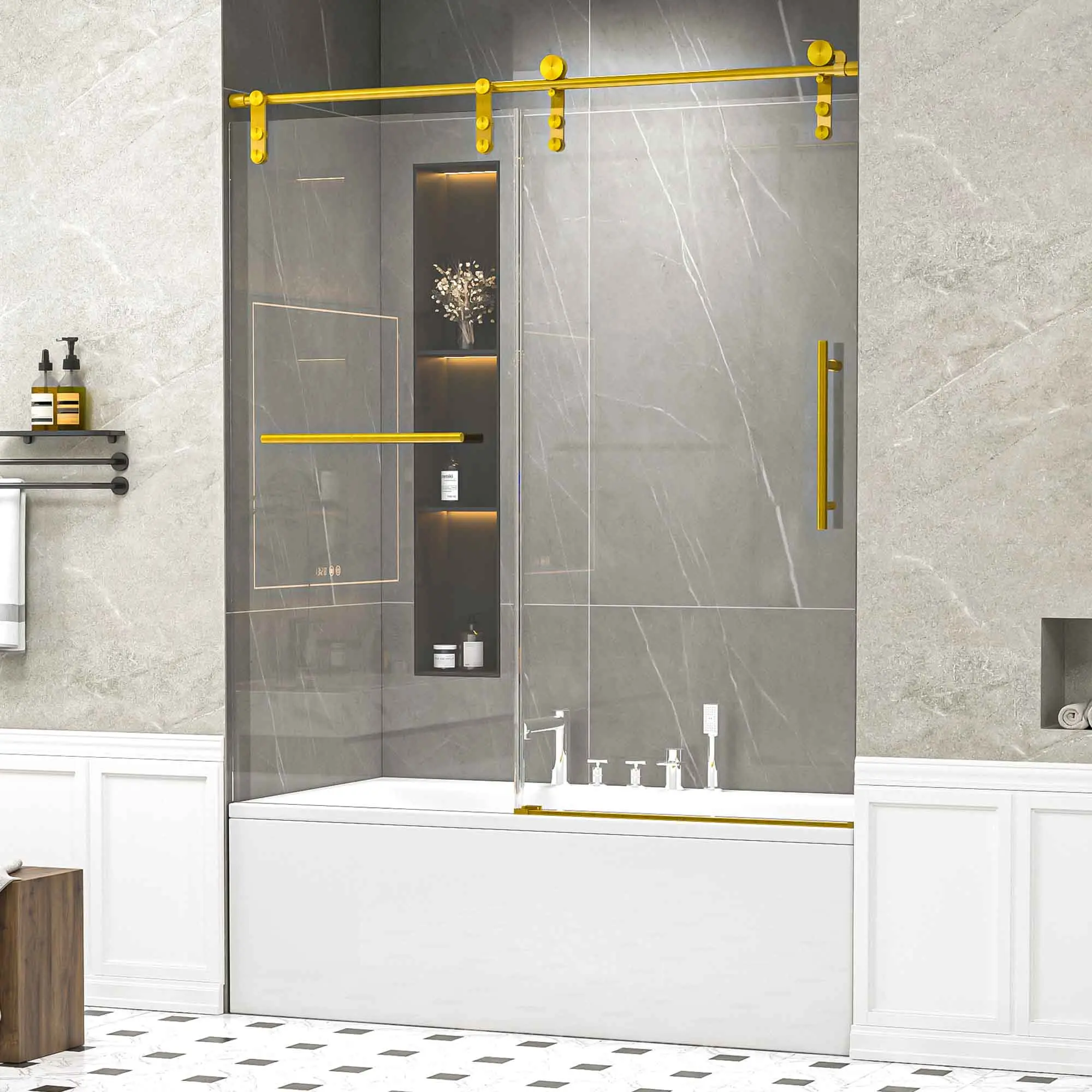 56-60 Inch W x 66 Inch H Frameless Single Sliding Shower Door with Towel Rail and Auxiliary Handle, 5/16" (8mm) SGCC Tempered Glass, Brushed Gold Finish, Modern Bathroom Shower Enclosure, No Soft-Close, Bathroom Shower Door for Bathtub