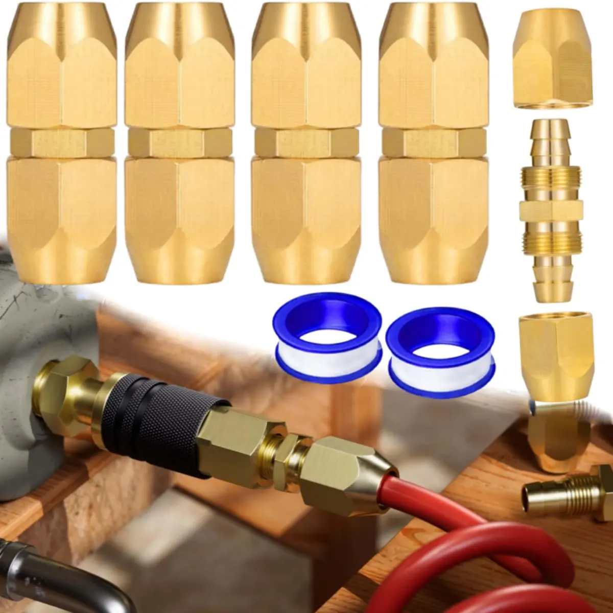 4PCS/8PCS Solid Brass Reusable Air Hose Splicer, 1/4-Inch ID Adapter for PVC/PU Pipes, 1/4" DIY Repair Fitting with 300 PSI Rating, Teflon Tape Seals for Cleaner Airflow