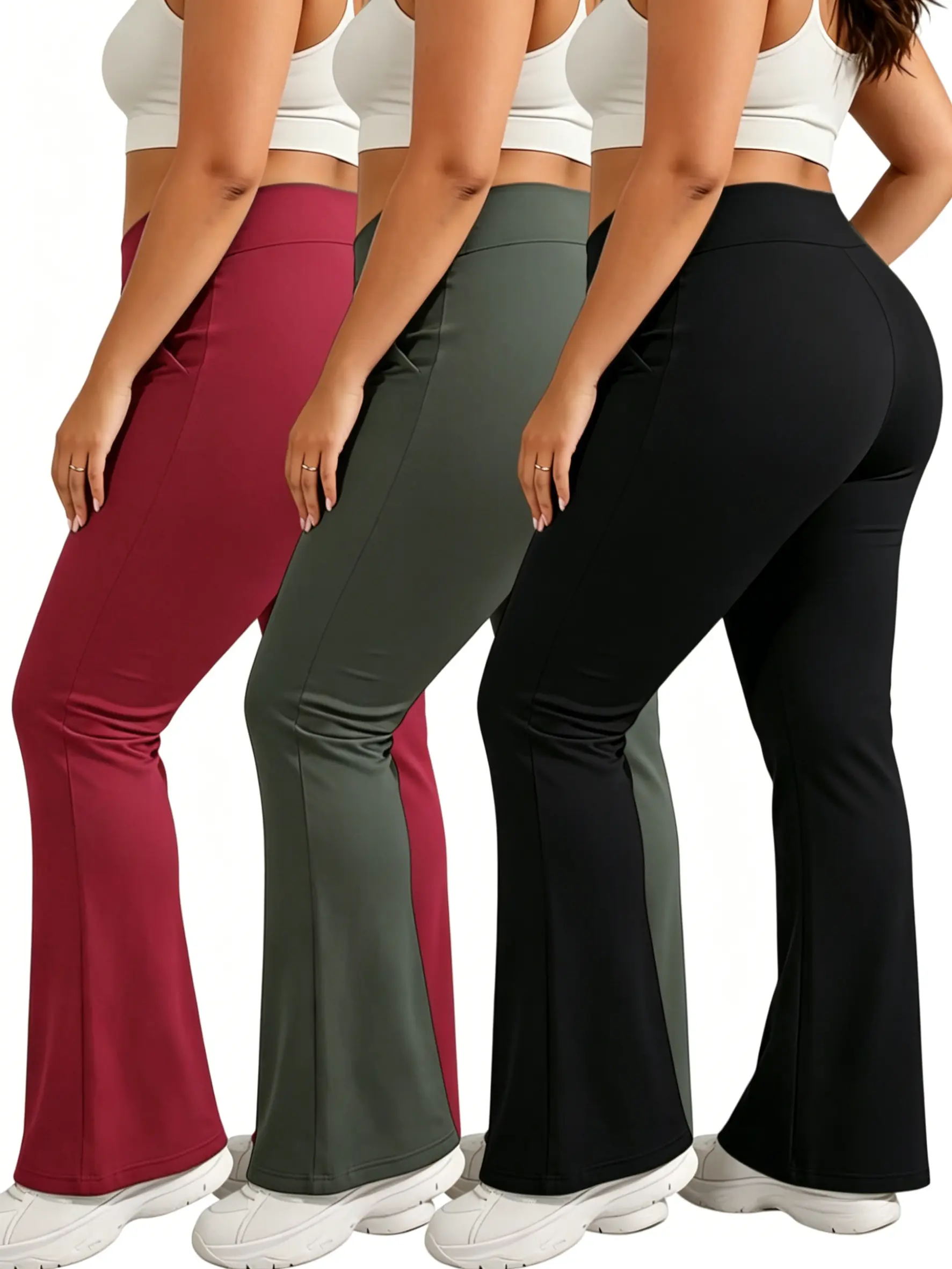 Women's high-waisted stretch black grey red flared pants set | Fashion yoga flare pants, casual slimming trousers, fitness wide-leg pants, daily solid color sweatpants, sporty loungewear