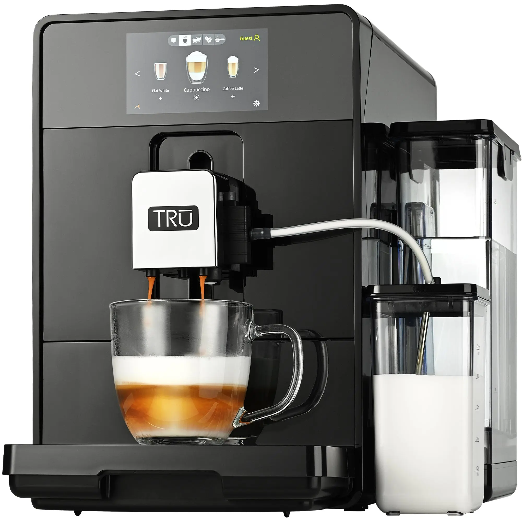 TRU Bean-to-Cup Automatic Espresso & Coffee Machine - 24 Customizable Presets, 4.5" Digital Touchscreen, Integrated Grinder, Removable Milk Tank, Deep Cleaning, Low Maintenance, Automatic Shutoff, Descaler Tablets Compatible, Automatic Shutoff Coffee Mach