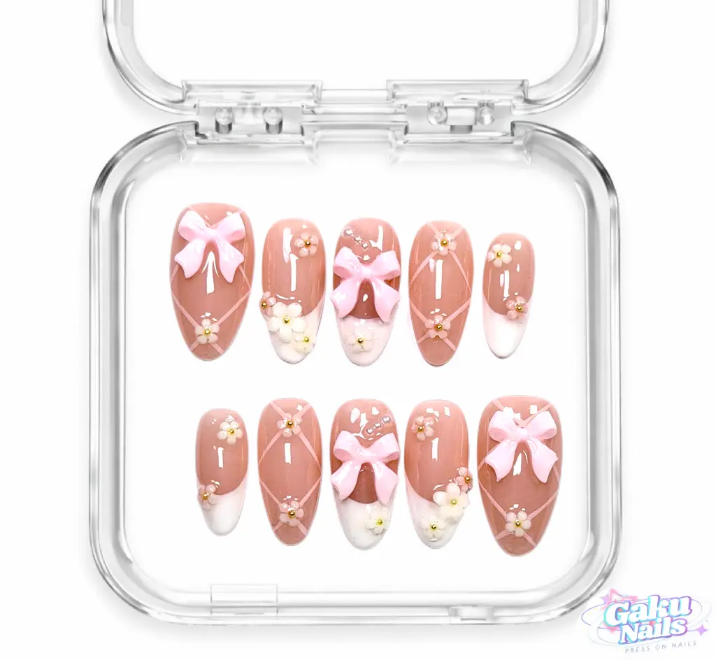 GakuNails BALLERINA BLUSH 10 PCS Medium Almond Handmade Press On 3D Bowtie Flower Builder Gel selectable size Reusable Nails