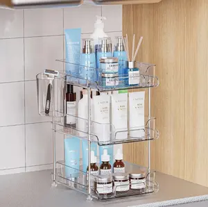 3-Tier Bathroom Under Sink Organizers and Storage, Closet Organizer Drawers Storage, Multi-Purpose Pull Out Under Cabinet Organizer, Clean Kitchen Pantry Organization with 1 Cup and 6 Dividers