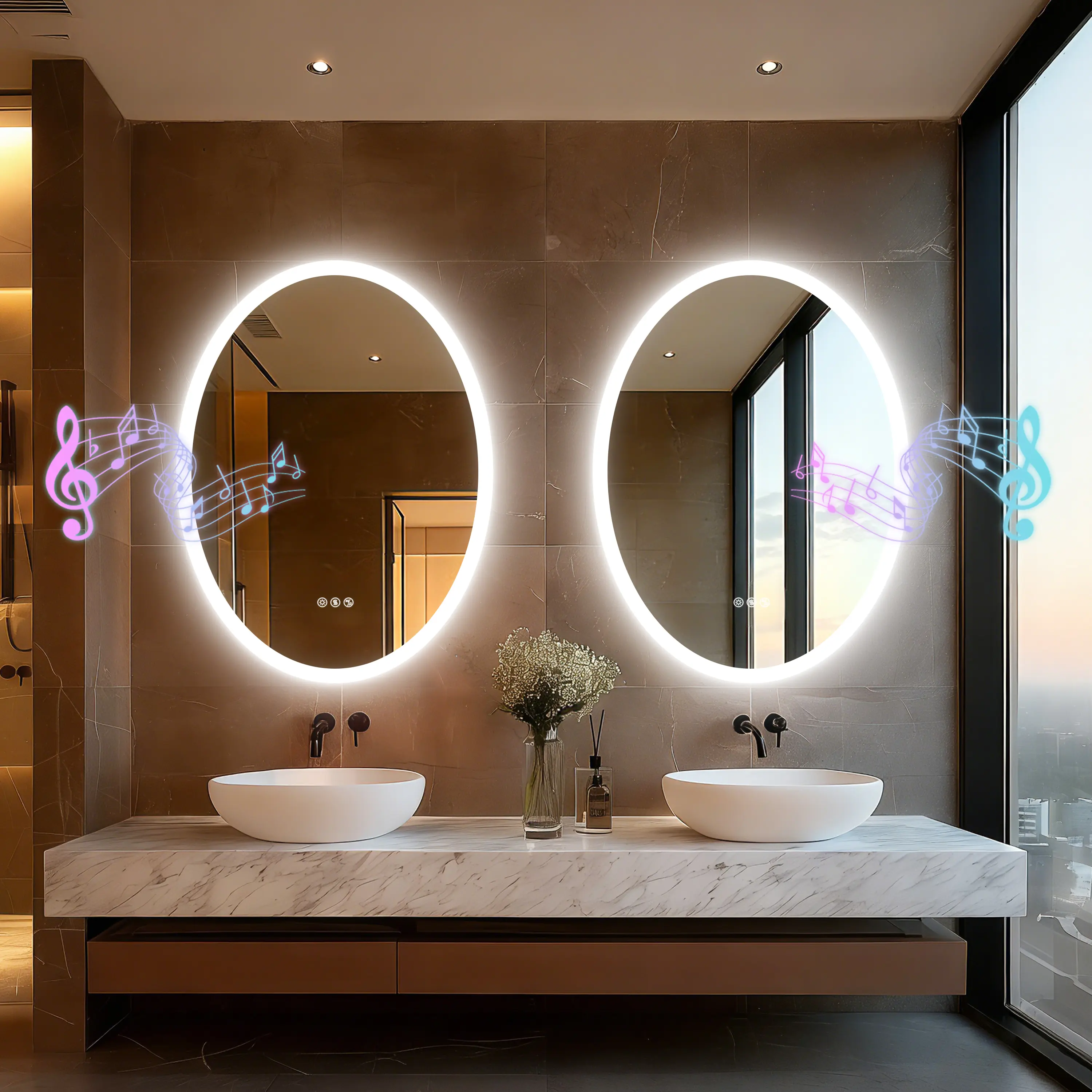 23.6x31.5in Oval Light Up Bathroom Mirror with Bluetooth Speakers, Anti-Fog, Dimmable 3-Color LED, Magnetic Silicone Glass, Waterproof, Horizontal/Vertical Mount Wall Vanity Mirror