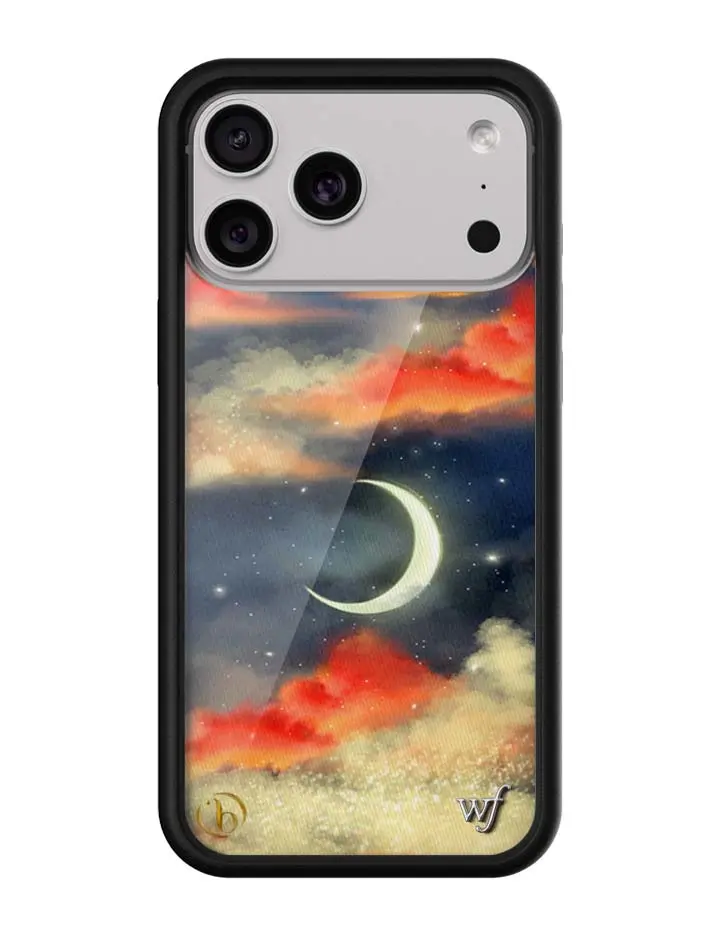 Orebella Collab | Limited Edition Trendy iPhone Case | Raised Protective Black Bumper | Women Owned Small Business | Trendy Collab Case Night Sky Red White clouds Vibrant Crescent Moon | Safety Casing Protective | Gift for Her