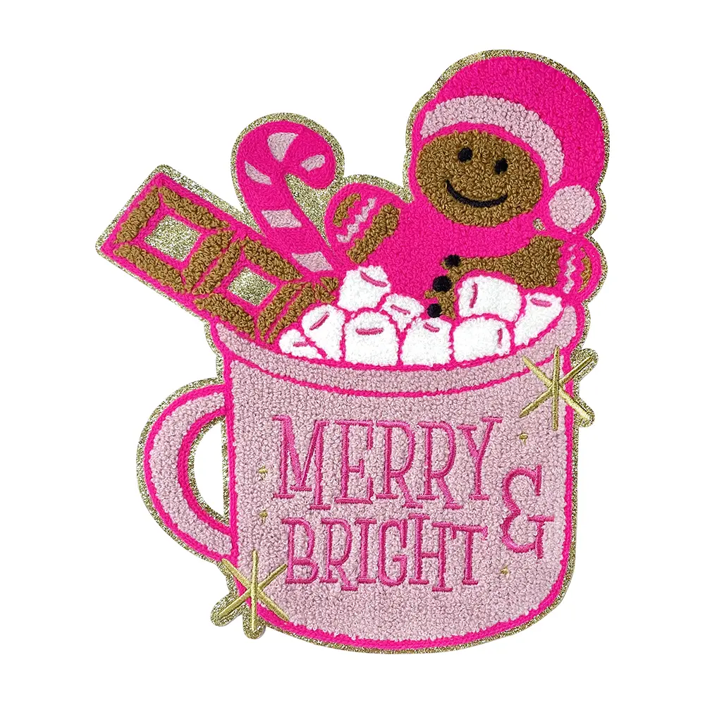 Iron On Chenille Embroidered Patches Christmas Gingerbread Man Heat Transfer Self-Applied Pink Applique Accessories for DIY Clothing Backpack Jacket